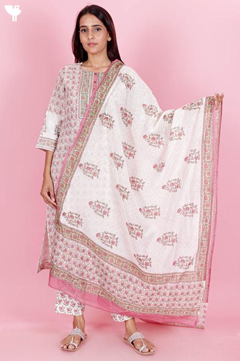 Chanderi Silk Kurta Pant And Dupatta Set In Block Print